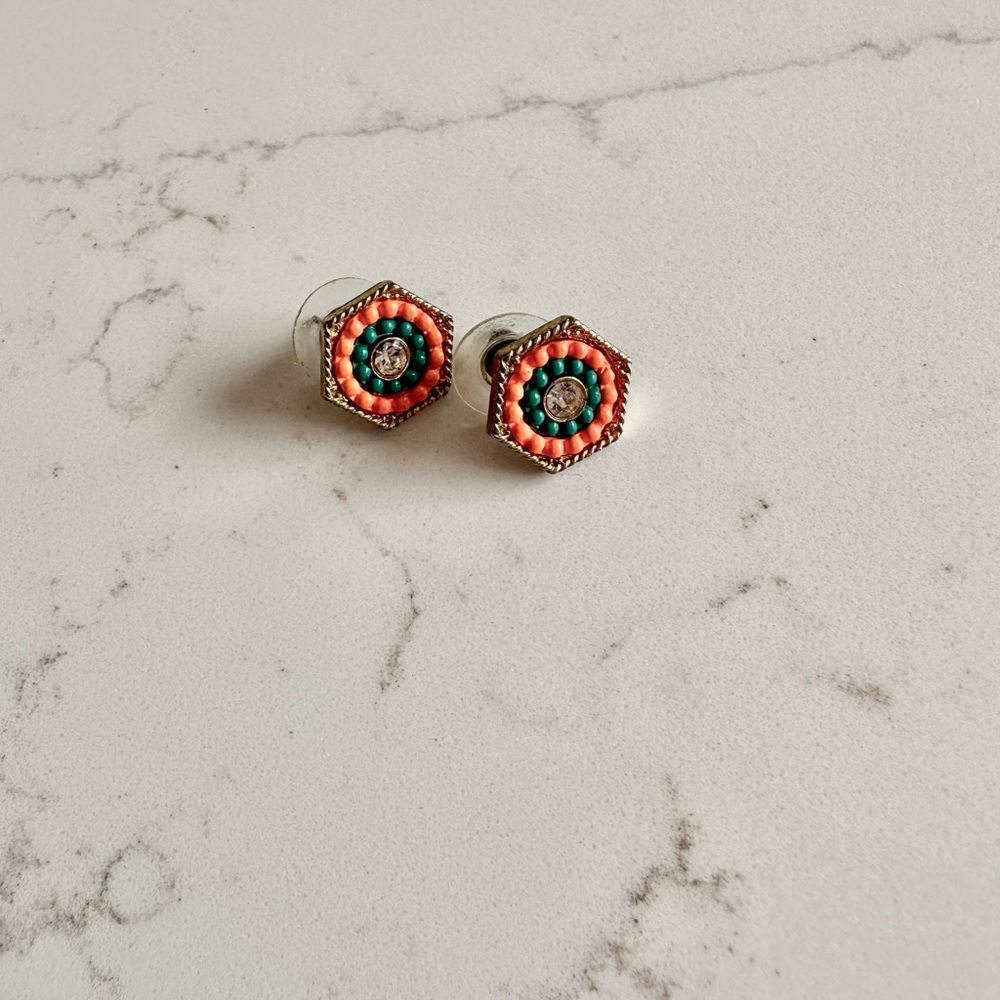 Coral, turquoise and crystal stud earrings